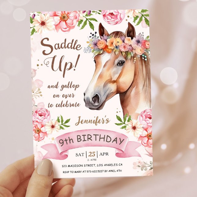 Convites Meninas Cavalo 9º Aniversário Saddle Floral Up! (Criador carregado)