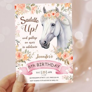 Convites Meninas Cavalo Aniversário de 6 anos Rosa Floral S