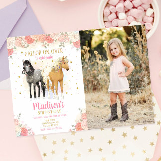 Convites Meninas Cavalo Pônei Aquarela Floral Foto Aniversá