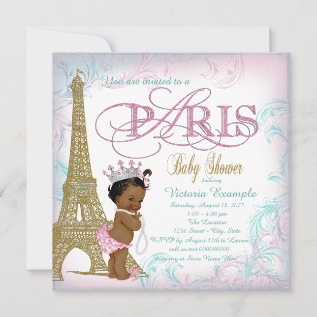 Convites Meninas Chá de Bebê Paris Rosa Dourado Turquesa Pé (Frente)