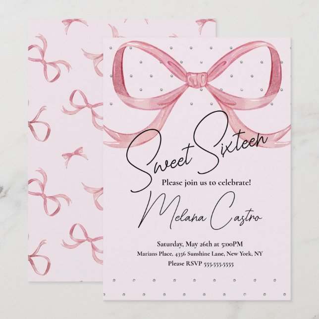Convites Meninas com Laço Rosa Coquette Doce 16 Aniversário (Frente/Verso)