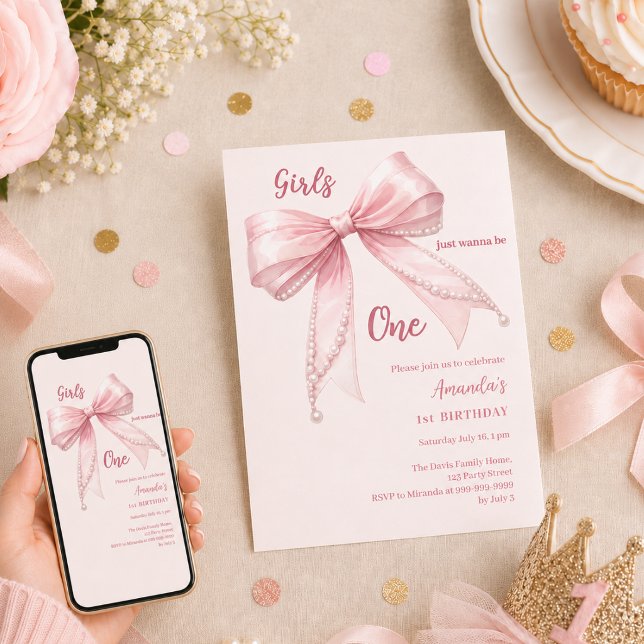 Convites Meninas com laço rosa querem ser uma no 1º Anivers (Criador carregado)