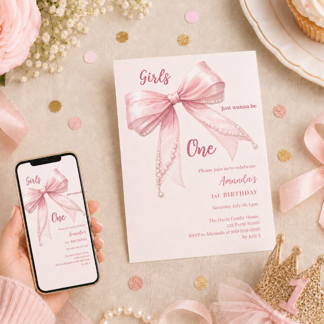 Convites Meninas com laço rosa querem ser uma no 1º Anivers (Criador carregado)
