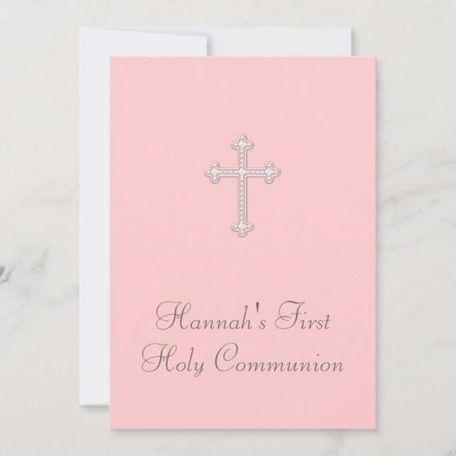 Convites Meninas Cruz Rosa Primeiro Comunhão Rosa (Frente)