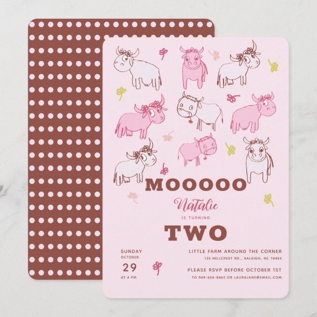 Convites Meninas Cute Engraçado Vacas Rosa Cartografia no S (Frente/Verso)