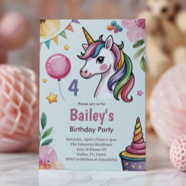 Convites Meninas Cute Pastel Unicorn Crianças 4º Aniversári