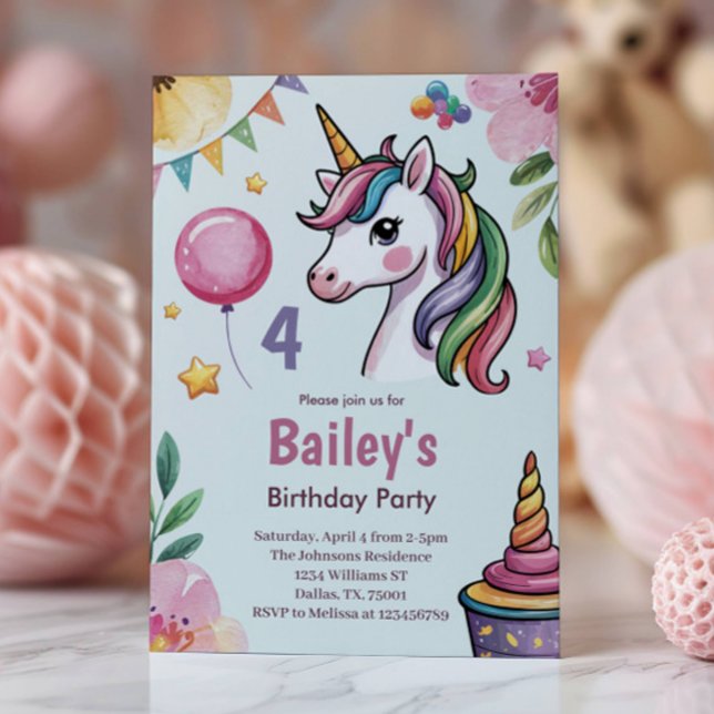 Convites Meninas Cute Pastel Unicorn Crianças 4º Aniversári (Criador carregado)