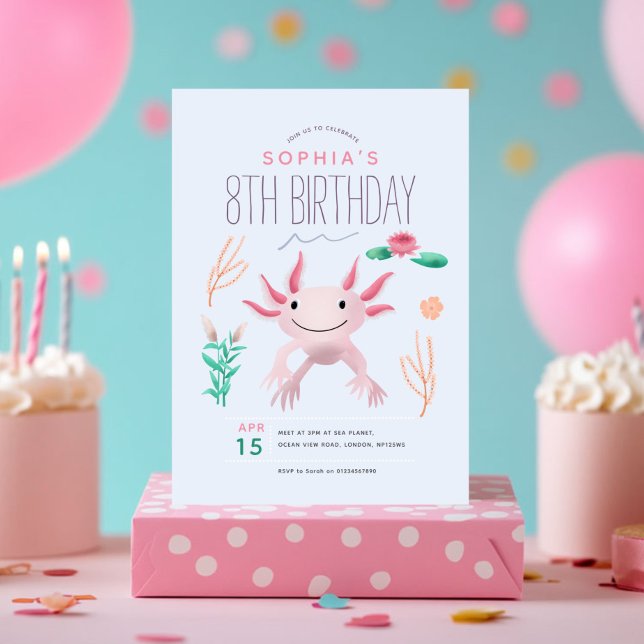 Convites Meninas Cute Pink Kawaii Axolotl 8º Aniversário (Criador carregado)