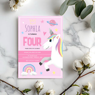 Convites Meninas Cute Pink Unicorn Crianças Rosa 4º Anivers