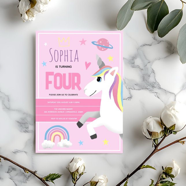 Convites Meninas Cute Pink Unicorn Crianças Rosa 4º Anivers (Criador carregado)