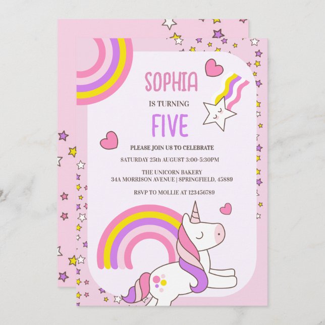 Convites Meninas Cute Pink Unicorn Crianças Rosa 5 Aniversá (Frente/Verso)