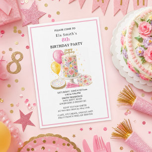 Convites Meninas de 8 anos Bolo de Aniversário Floral e Bal