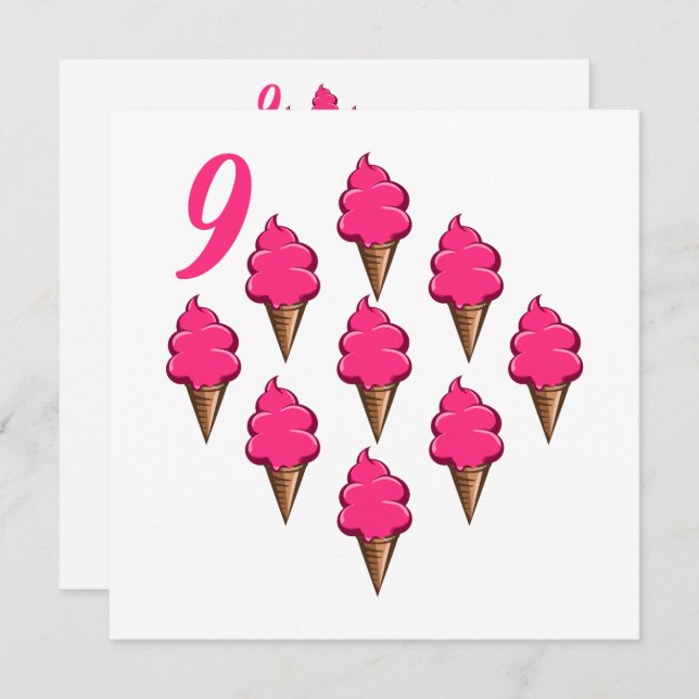 Convites Meninas de 9 anos de idade Sorvetes rosa-de-bico (Frente/Verso)