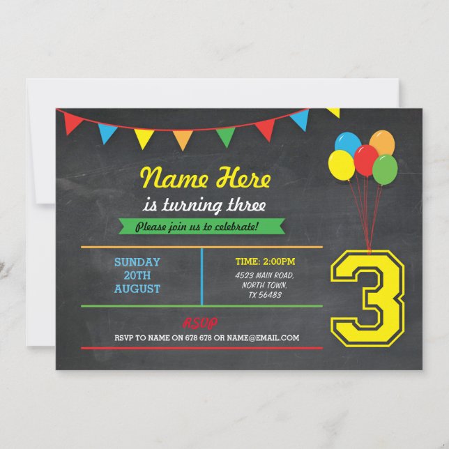 Convites Meninas de Aniversário de Cores Primárias 3º Convi (Frente)