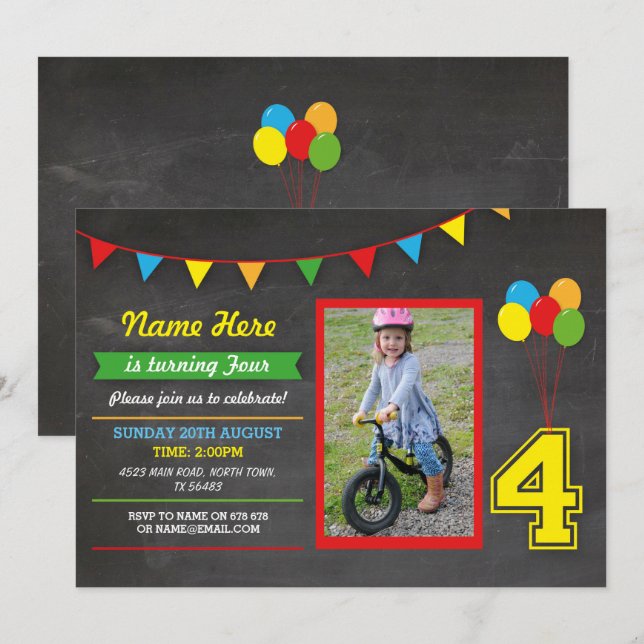 Convites Meninas de Aniversário de Cores Primárias Foto 4 (Frente/Verso)