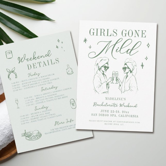 Convites Meninas de Bachelorette se foram para a Itinerária (girls gone mild invitation bachelorette weekend itinerary sage green spa hand drawn)