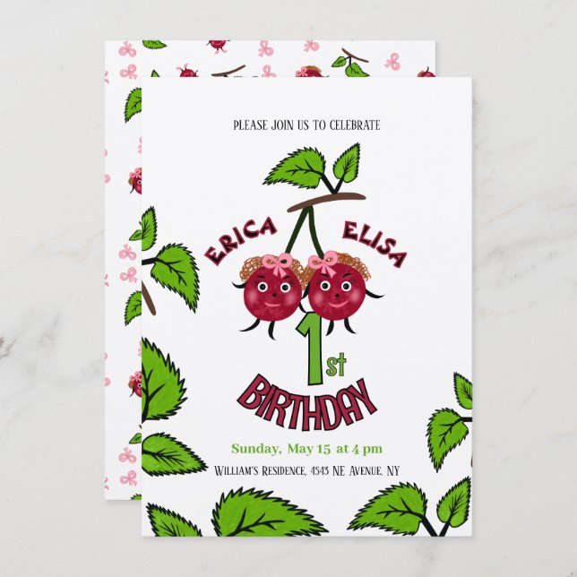 Convites Meninas de cerejas gêmeas (Frente/Verso)