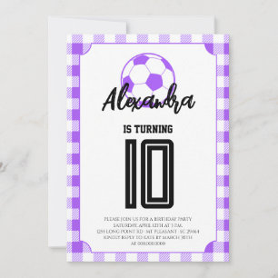 Convites Meninas de Futebol em Xadrez Roxo Aniversário