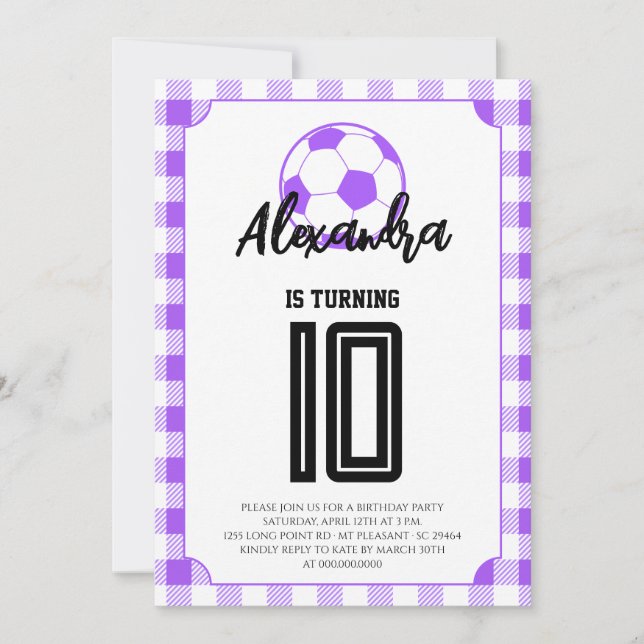 Convites Meninas de Futebol em Xadrez Roxo Aniversário (Frente)