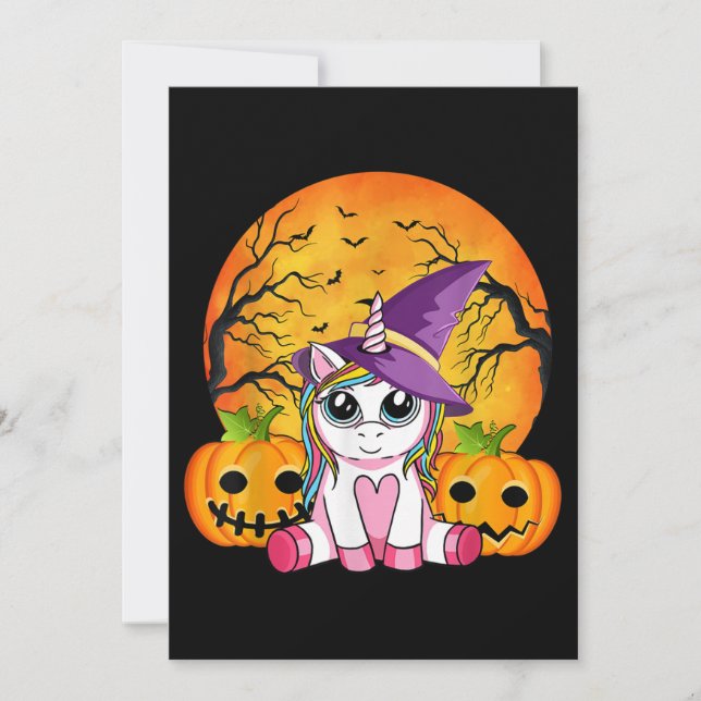 Convites Meninas de Halloween Fofas Unicórnio Bruxo Hallowe (Frente)