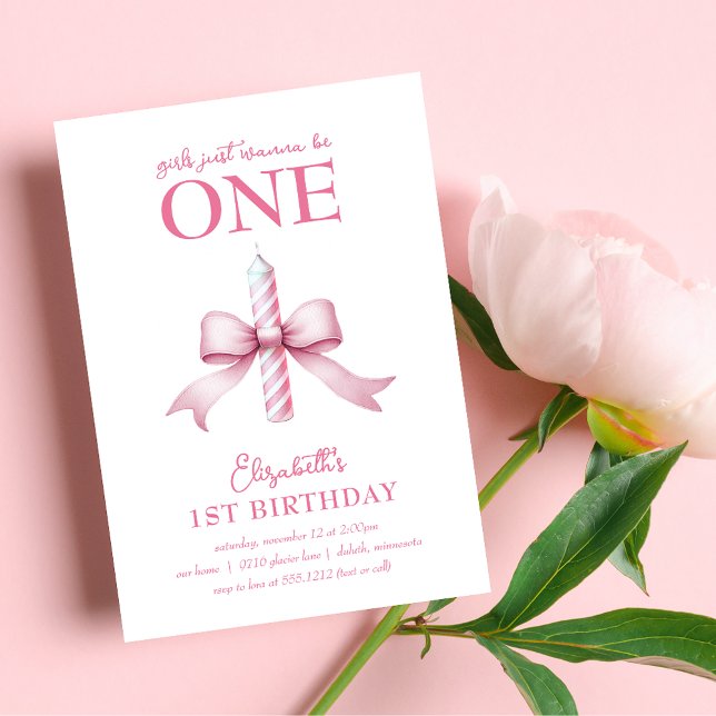 Convites Meninas de Laço Rosa Querem Ser Um Aniversário de  (Pink Bow Girls Just Wanna Be One 1st Birthday Invitation)