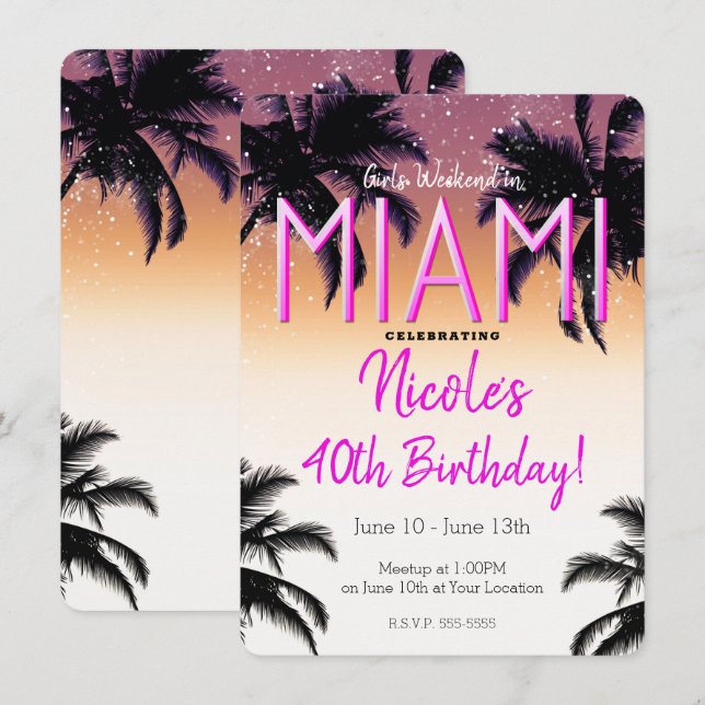 Convites Meninas de Miami Fim de Semana de Verão Aniversári (Frente/Verso)