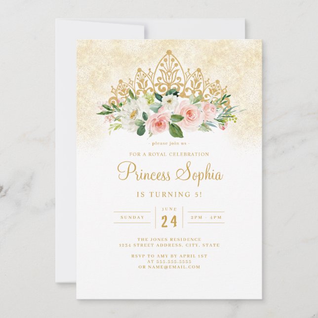 Convites Meninas de Ouro Rosa Tiara Floral Princesa Anivers (Frente)
