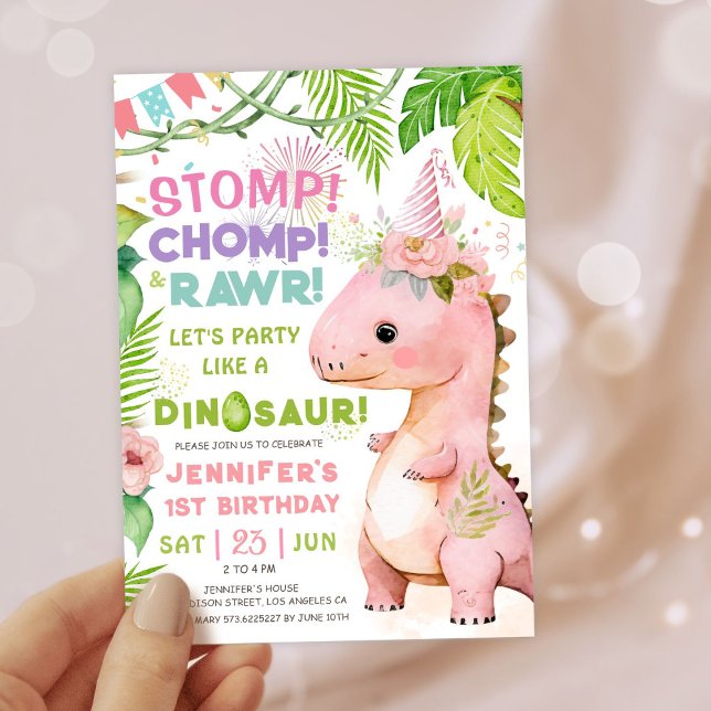 Convites Meninas Dinossauro Festa de primeiro aniversario B (#DinosaurBirthdayInvitation #DinosaurBirthdayInvite #GirlDinosaurBirthdayInvitation)
