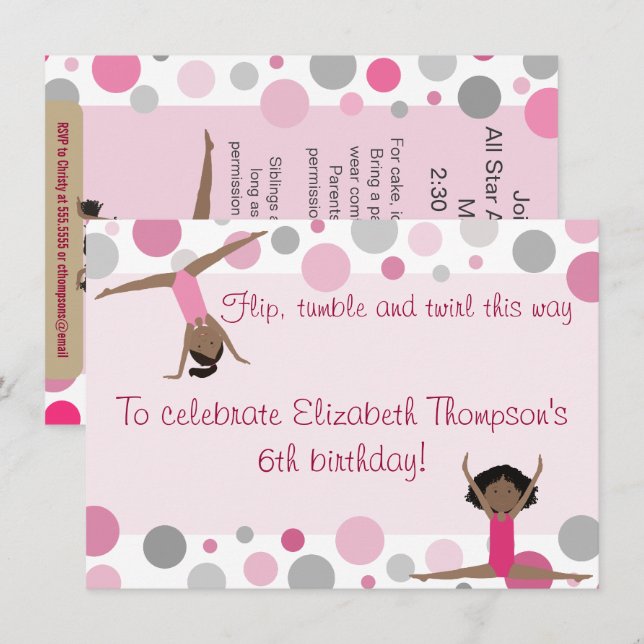 Convites Meninas do cabelo escuro do partido da ginástica (Frente/Verso)