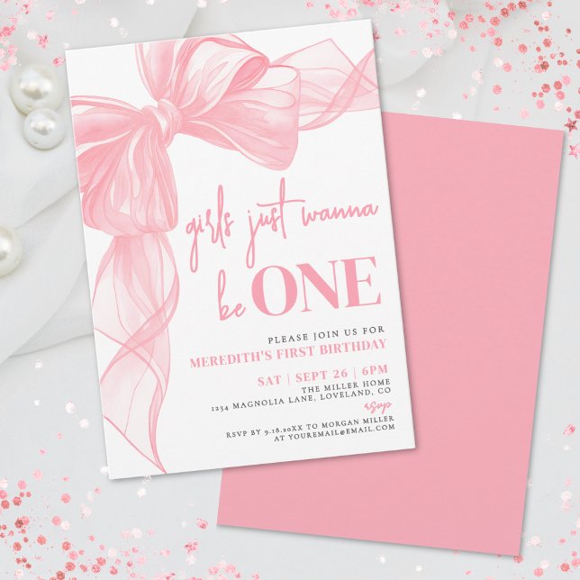 Convites Meninas do Laço Rosa Querem Ser UMA Festa de 1º An (Pink Bow Girls Just Wanna Be ONE 1st Birthday Invitation)