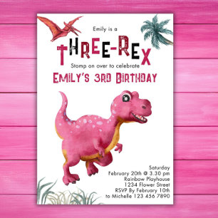 Convites Meninas do Three-Rex 3º Aniversário Dinossauro Ros