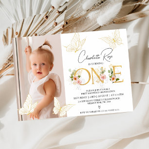 Convites Meninas Douradas Borboletas Rosa primeiro aniversa