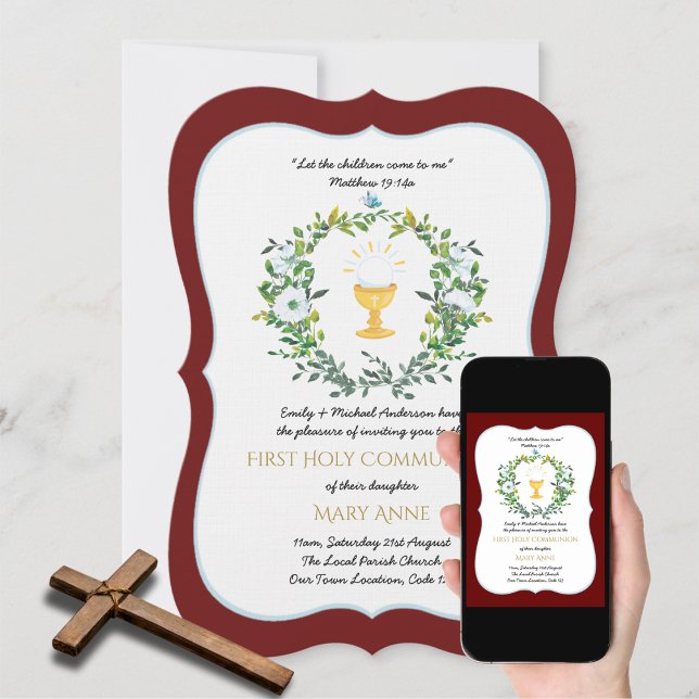 Convites Meninas Elegantes Burgundy Floral Primeira Santa C (Criador carregado)