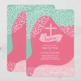 Convites Meninas em Rosa e Verde marinho com Batismo Cruzad