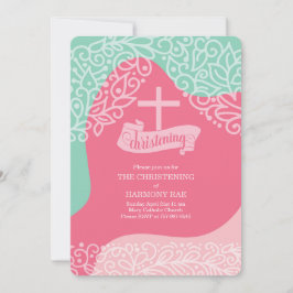 Convites Meninas em rosa e verde marinho com cruz