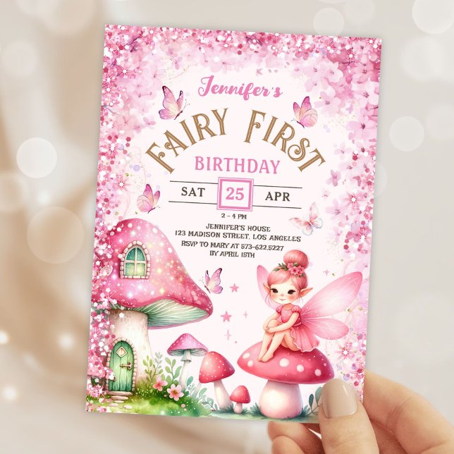 Convites Meninas Fadas Primeiro Aniversário Floresta Rosa E (Criador carregado)