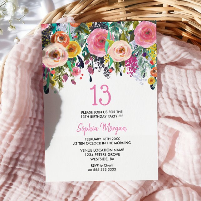Convites Meninas Festa de aniversário Convidam Flores Rosa- (Criador carregado)