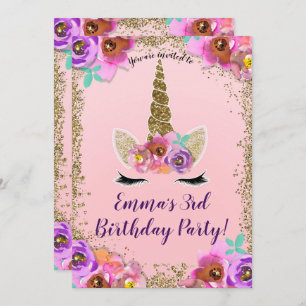 Convites Meninas florais & festa de aniversário Dourado do