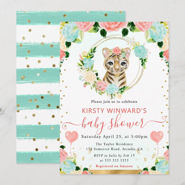 Convites Meninas Floral Bebê Tigre Chá de Bebê (Frente/Verso)