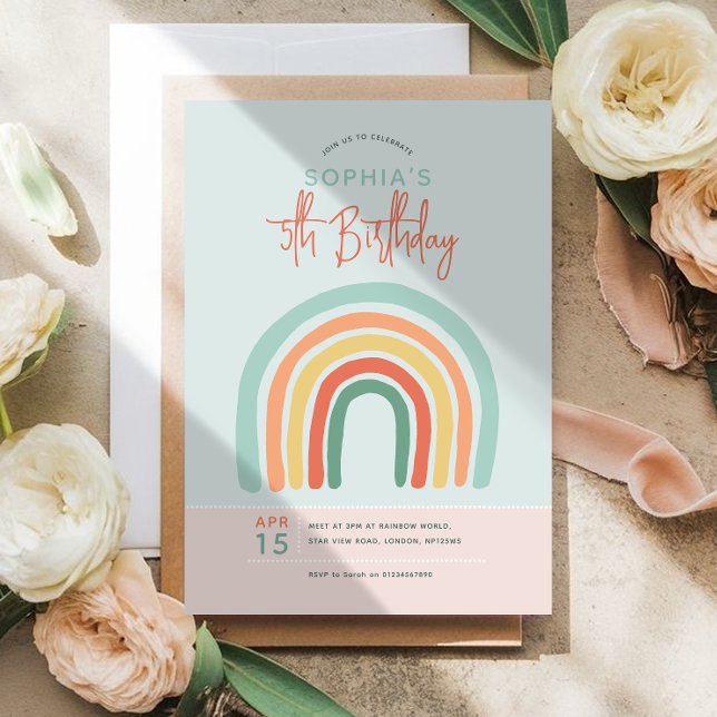 Convites Meninas Fofo Boho Arco-íris 5º Aniversário (Criador carregado)