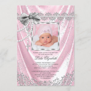 Convites Meninas Foto Batismo Batizado Rosa Cetim Lantejoul