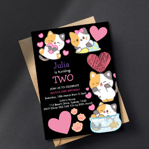 Convites Meninas gatinhos bonitas segundo aniversário preto