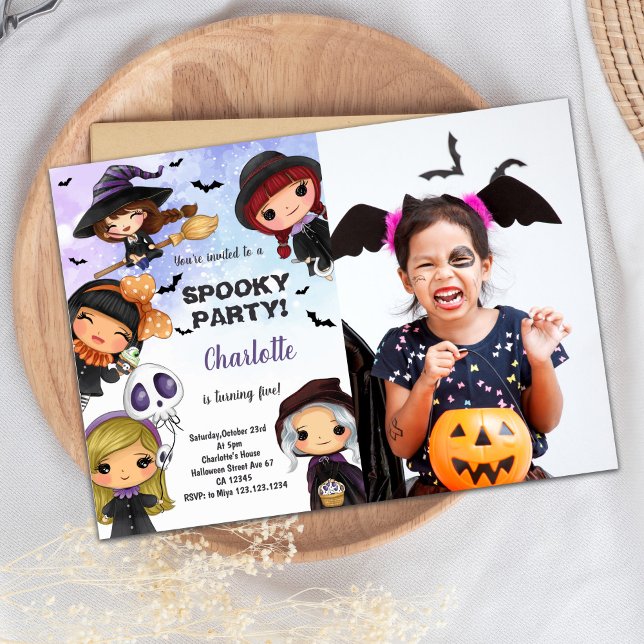 Convites Meninas Halloween Convidam no Aniversário com Foto (Girls Halloween Birthday Invitations with Photo)