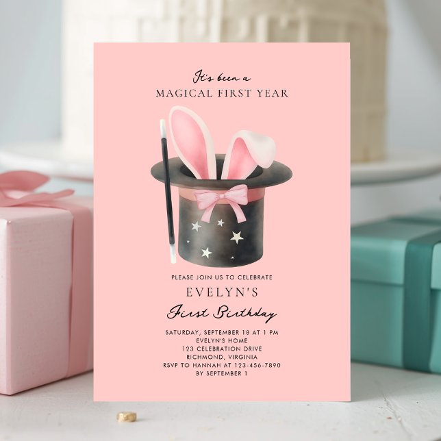Convites Meninas Laço Rosa Mágico 1º Aniversário (Criador carregado)