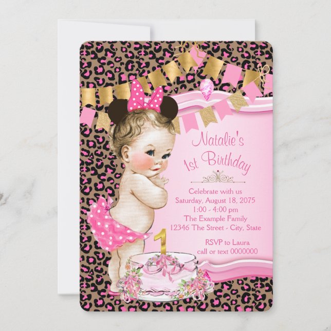Convites Meninas Leopard Aniversário de 1 ano (Frente)