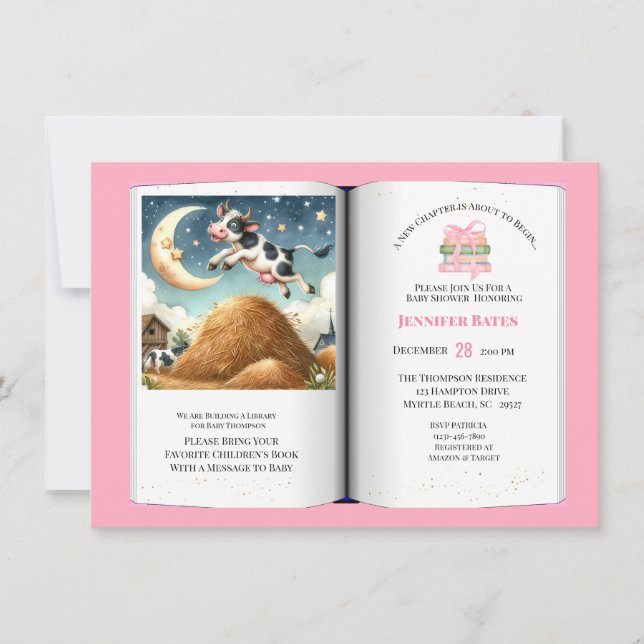 Convites Meninas Livro Tema Chá de fraldas Vaca Sobre a Lua (Frente)