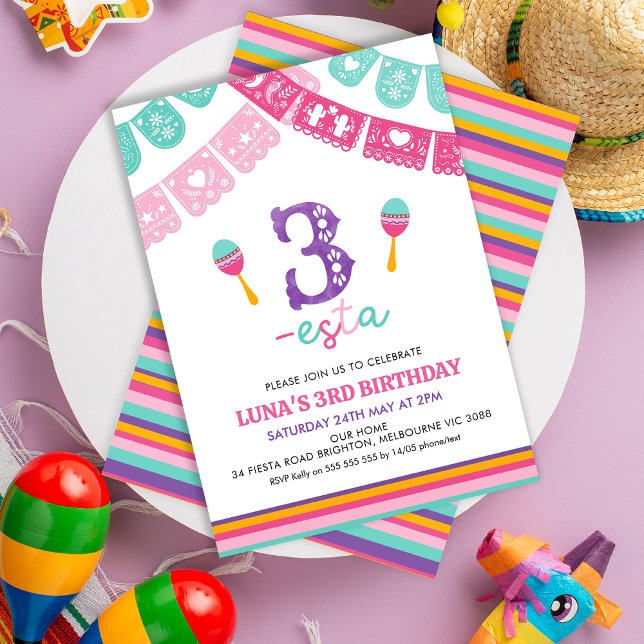 Convites Meninas Modernas Multicoloridas Três-esta Aniversá (Girls Three-esta 3rd Birthday Invitation Template, Editable Fiesta 3rd Birthday Invitation, Esta )