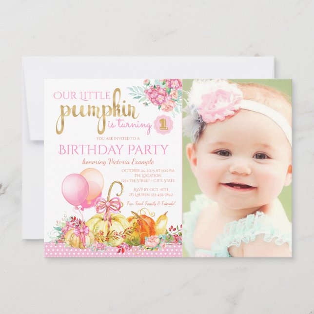 Convites Meninas Pequena Foto de Abóbora Primeiro Aniversár (Frente)