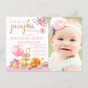 Convites Meninas Pequena Foto de Abóbora Primeiro Aniversár