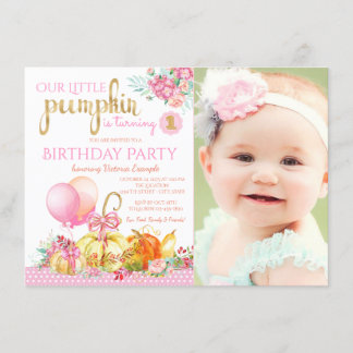 Convites Meninas Pequena Foto de Abóbora Primeiro Aniversár